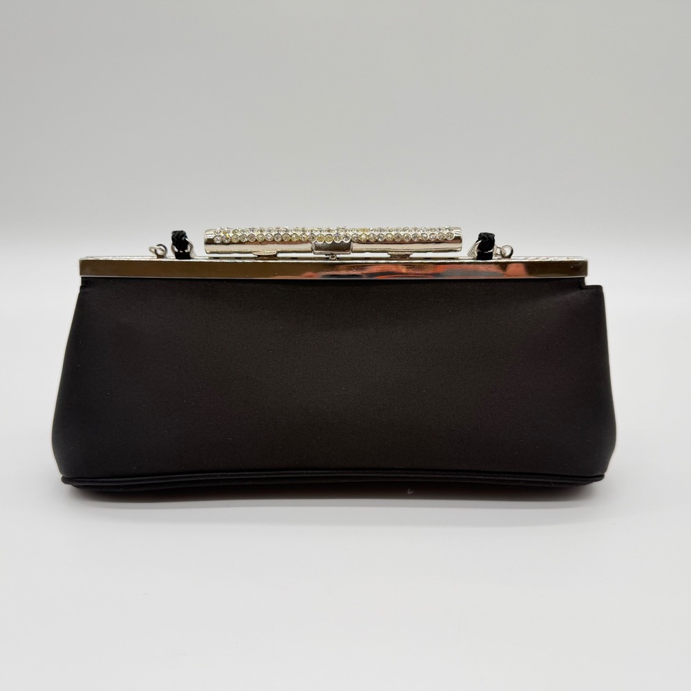 Vtg Valerie Stevens Black Satin Evening Clutch Bag Crystal Clasp Silver Hardware